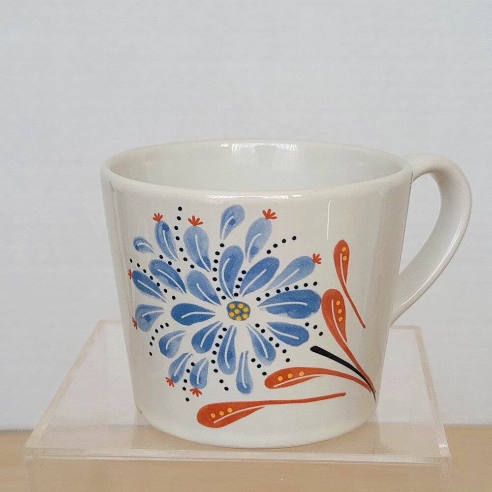 IKEA Finstilt Stoneware 15199 Blue Orange Flower Folk Art 10 oz Coffee Tea Mug